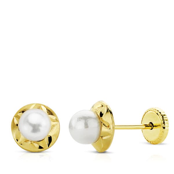9K PENDIENTES ORO AMARILLO ORLA TALLADA PERLA 4 MM DIAMETRO 6 MM CIERRE TUERCA