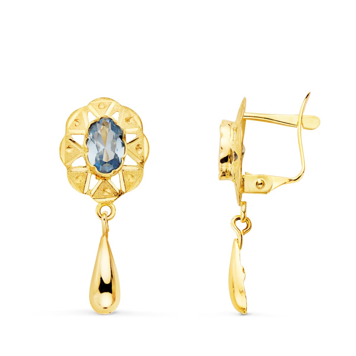 18K PENDIENTES ORO AMARILLO CUBANAS CON AGUAMARINA 23X9 MM CIERRE CATALAN