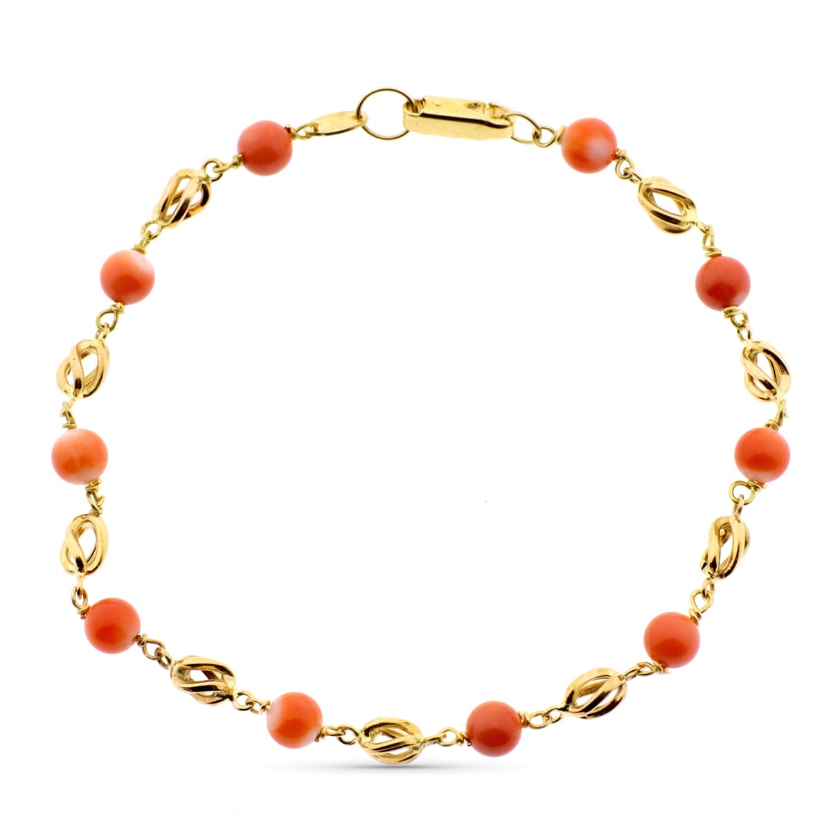 18K PULSERA ORO AMARILLO CON JAULAS Y CORAL FINO JAPONES 5 MM 20CM