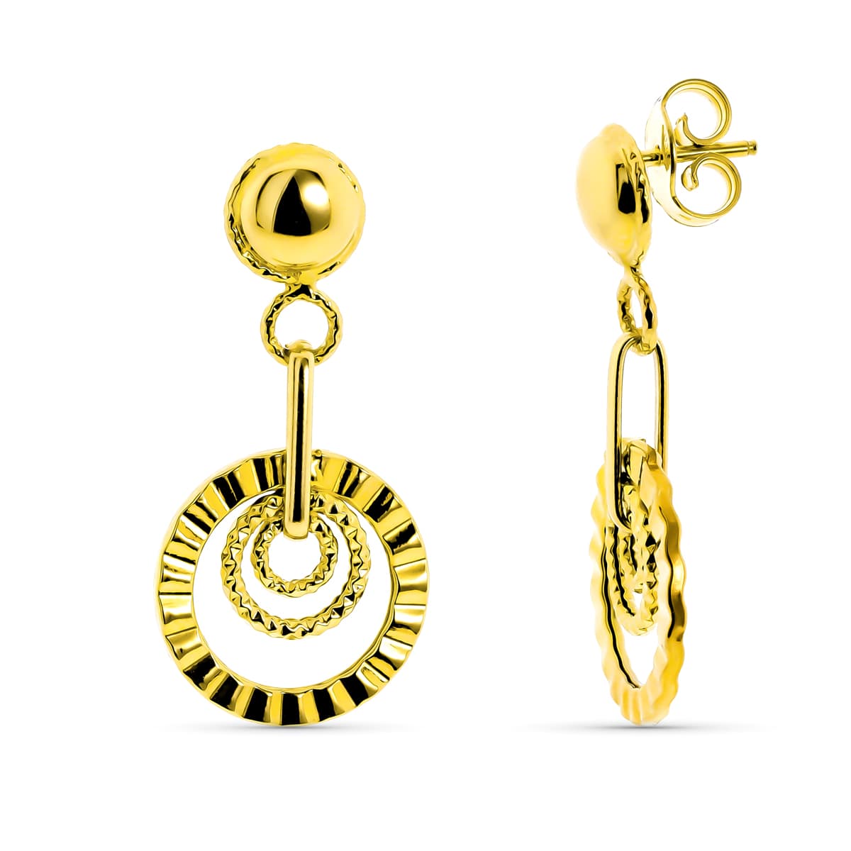 18K PENDIENTES ORO AMARILLO BOLA LISA Y MOTIVO REDONDO TALLADO CIERRE PRESION