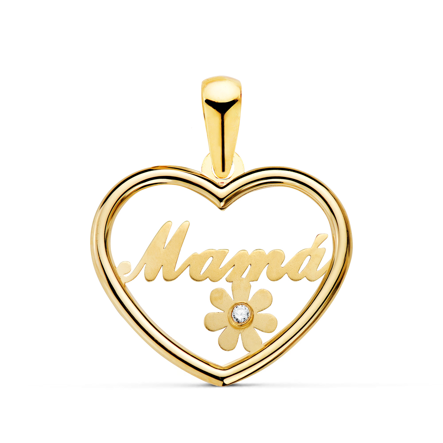 18K COLGANTE ORO AMARILLO CORAZON CON PALABRA MAMA CON FLOR Y CIRCONITA. 19X15MM