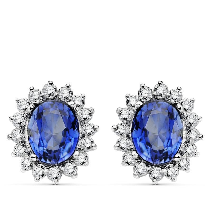 18K PENDIENTES ORO BLANCO ZAFIRO 9X7 MM 4,94 QTS. VS2-G 1,12 QTS.CIERRE OMEGA 14X12,5 MM