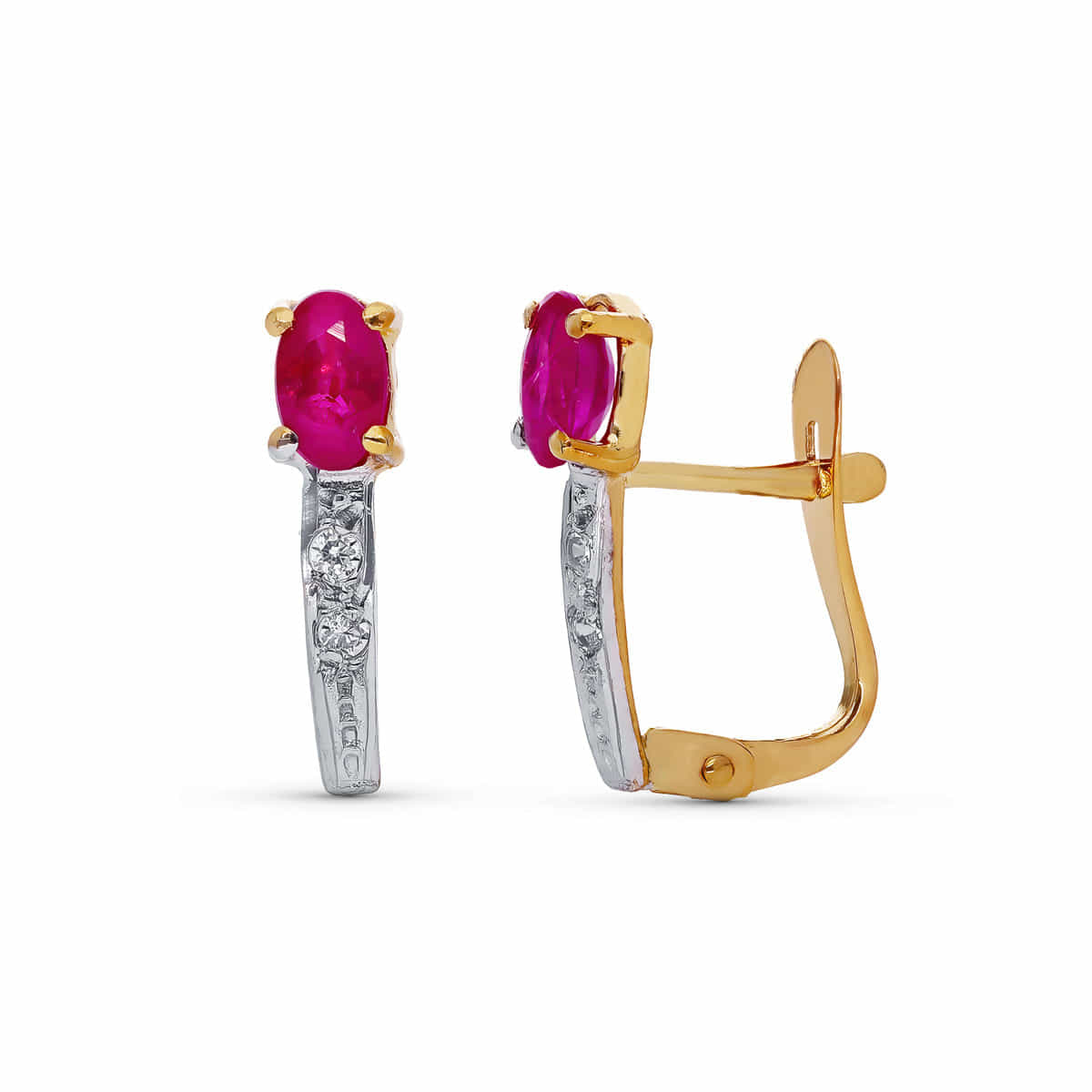 18K PENDIENTES ORO BICOLOR CIRCONITA Y RUBI NATURAL 5X3 MM TOTAL 15X4 MM CIERRE CATALAN