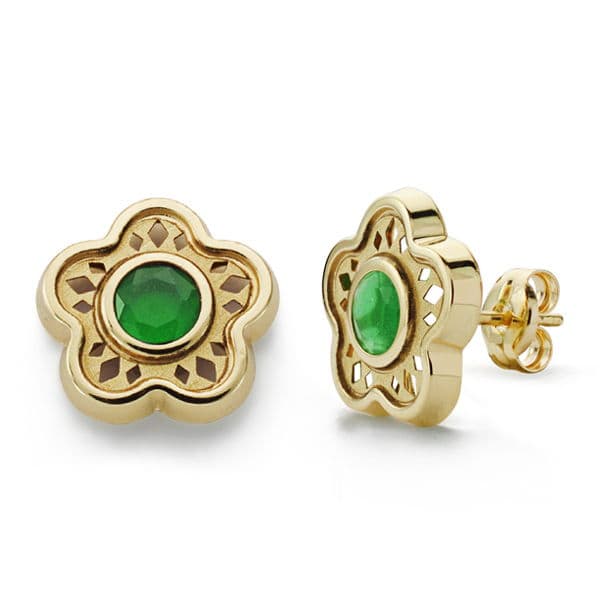 18K PENDIENTES FLOR PIEDRA COLOR VERDE ORO AMARILLO 11 MM CIERRE PRESION