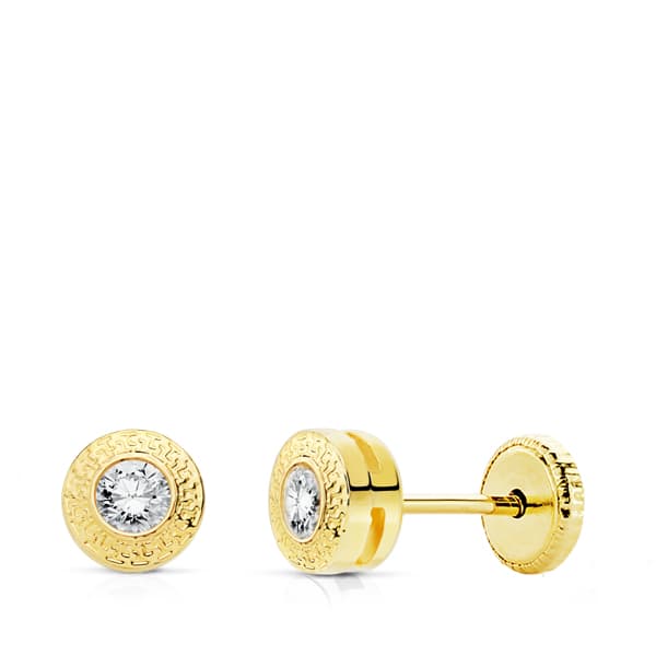 18K PENDIENTES ORO AMARILLO REDONDOS 5 MM CON GRECA Y CIRCONITA CIERRE TUERCA