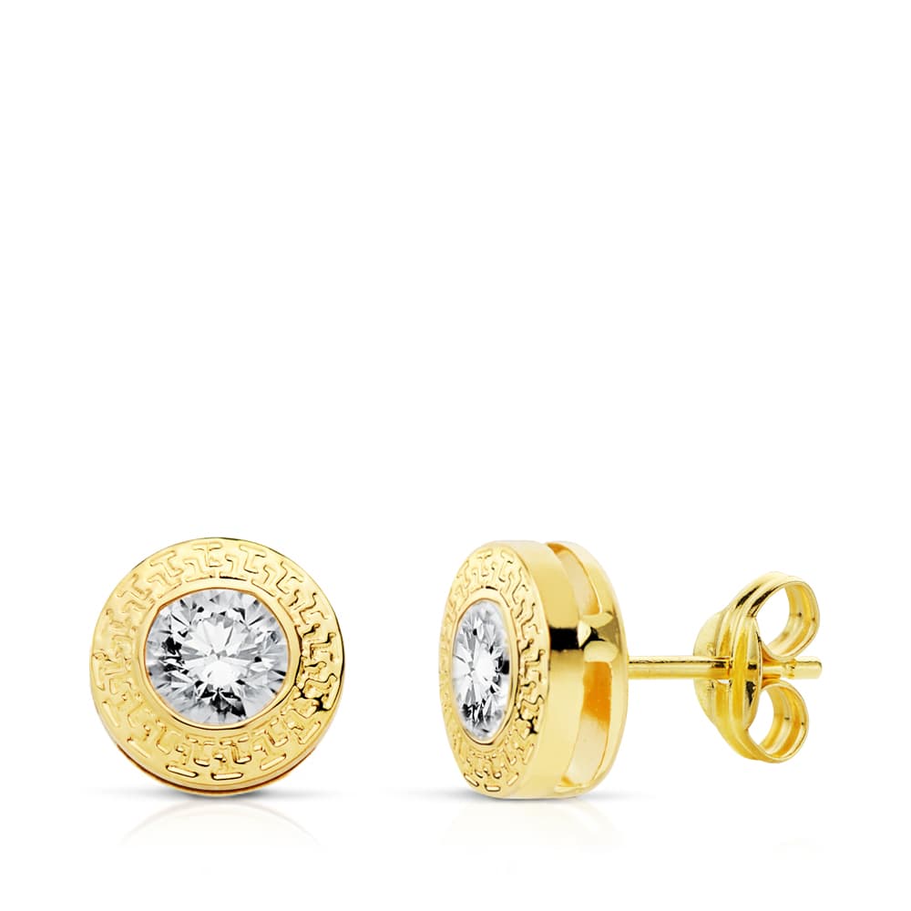 18K PENDIENTES ORO AMARILLO REDONDOS 7 MM CON GRECA Y CIRCONITA CIERRE PRESION