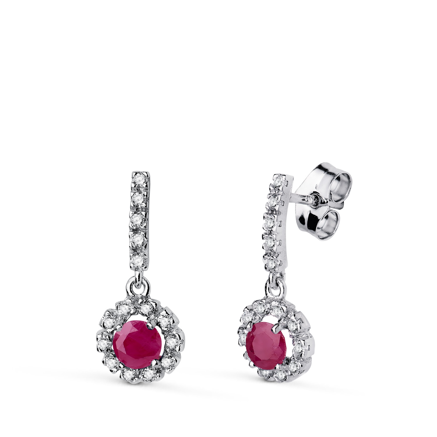 18K PENDIENTES ORO BLANCO RUBI 4MM - 0,56 QTES Y CIRCONITAS. 18 X 7,5 MM. CIERRE PRESION