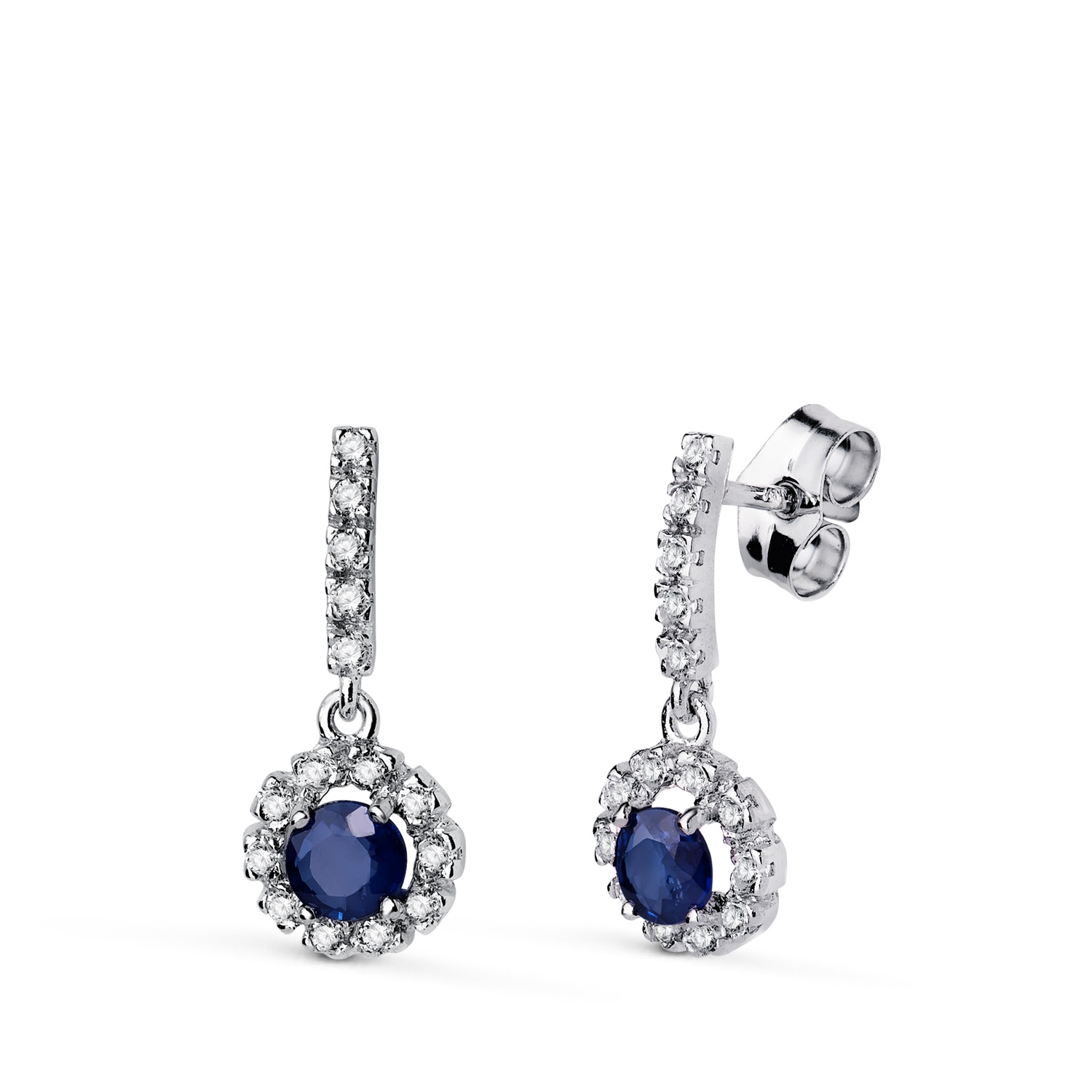 18K PENDIENTES ORO BLANCO ZAFIRO 4MM - 0,66 QTES Y CIRCONITAS. 18 X 7,5 MM. CIERRE PRESION