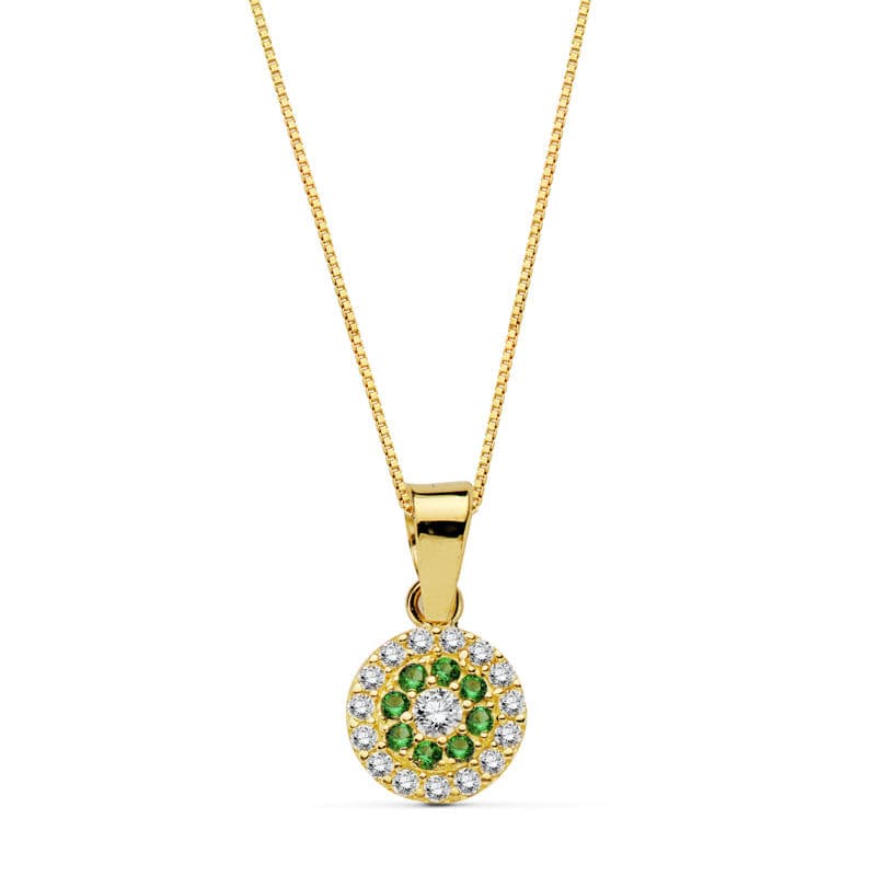 18K GARGANTILLA COLLAR ORO AMARILLO REDONDO PIEDRA VERDE 7 MM CADENA 45CM