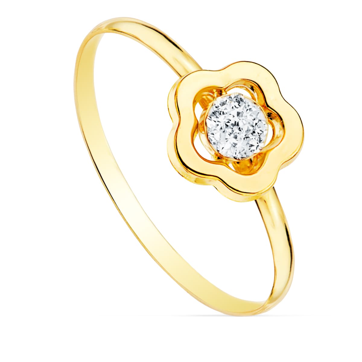 18K SORTIJA ORO AMARILLO COMUNION FLOR Y CIRCONITA 8X8 MM. ANCHO CUERPO: 1 MM