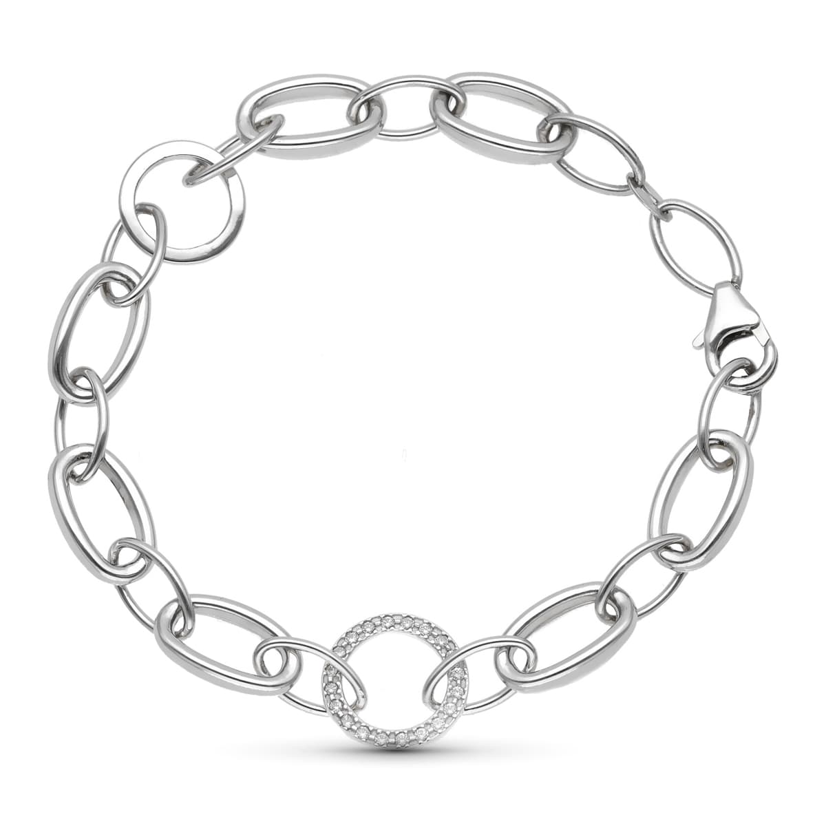18K PULSERA ORO BLANCO ESLABON OVAL Y CIRCULAR CON CIRCONITA 18.5 CM
