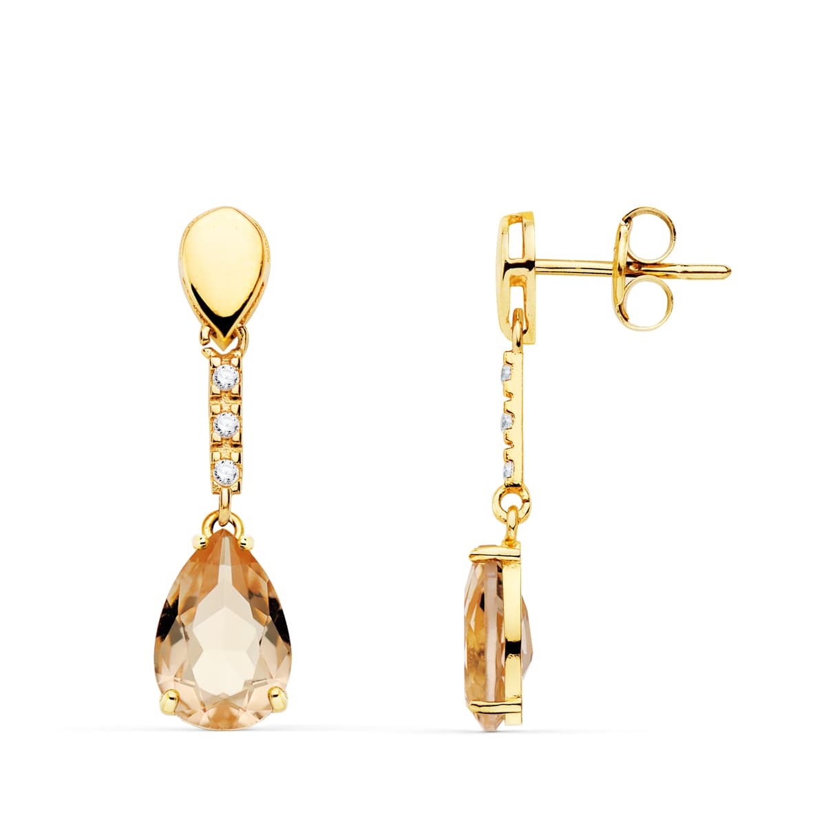 18K PENDIENTES ORO AMARILLO PIEDRA GOTA COLOR KUNCITA 28X7 MM CIERRE PRESION