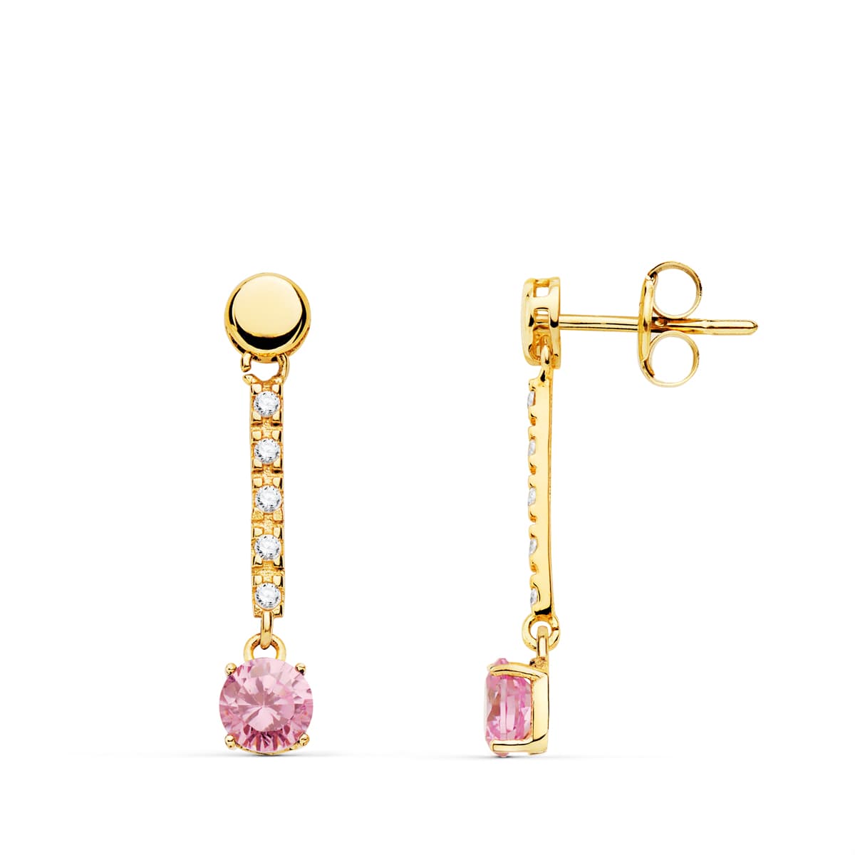 18K PENDIENTES ORO AMARILLO PIEDRA REDONDA COLOR ROSA 25X5 MM CIERRE PRESION