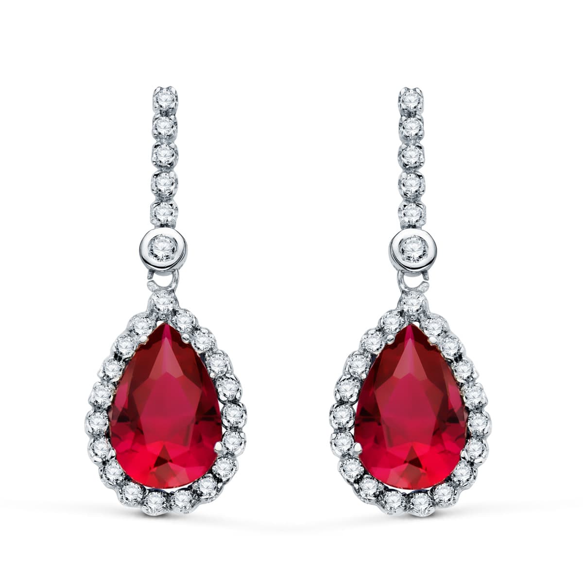 18K PENDIENTES ORO BLANCO DOS CUERPOS CON PIEDRA ROJA 12 X 8MM. 33X12MM CIERRE PRESION