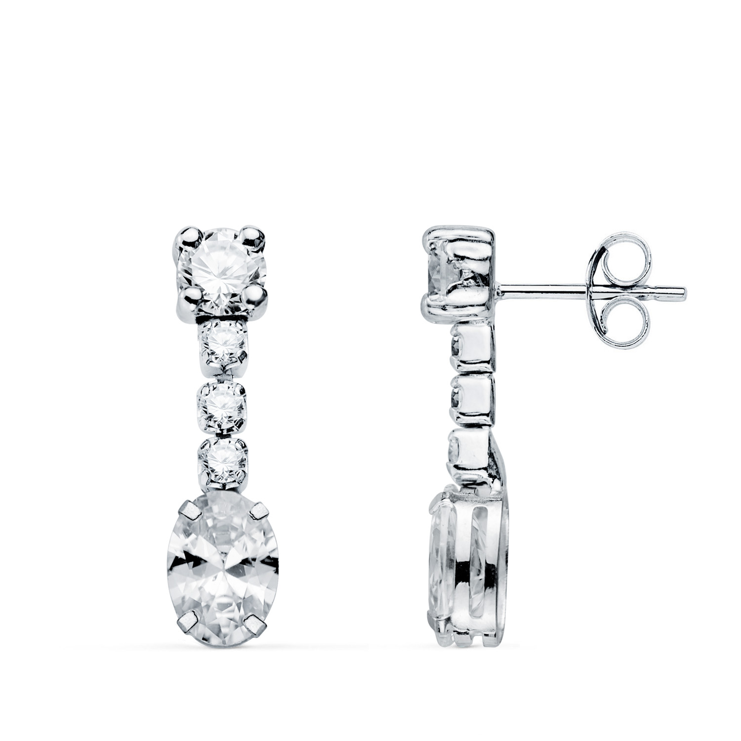 18K PENDIENTES ORO BLANCO CIRCONITA BLANCA EN FORMA OVAL Y CIRCONITAS. 20X5 MM. CIERRE PRESION