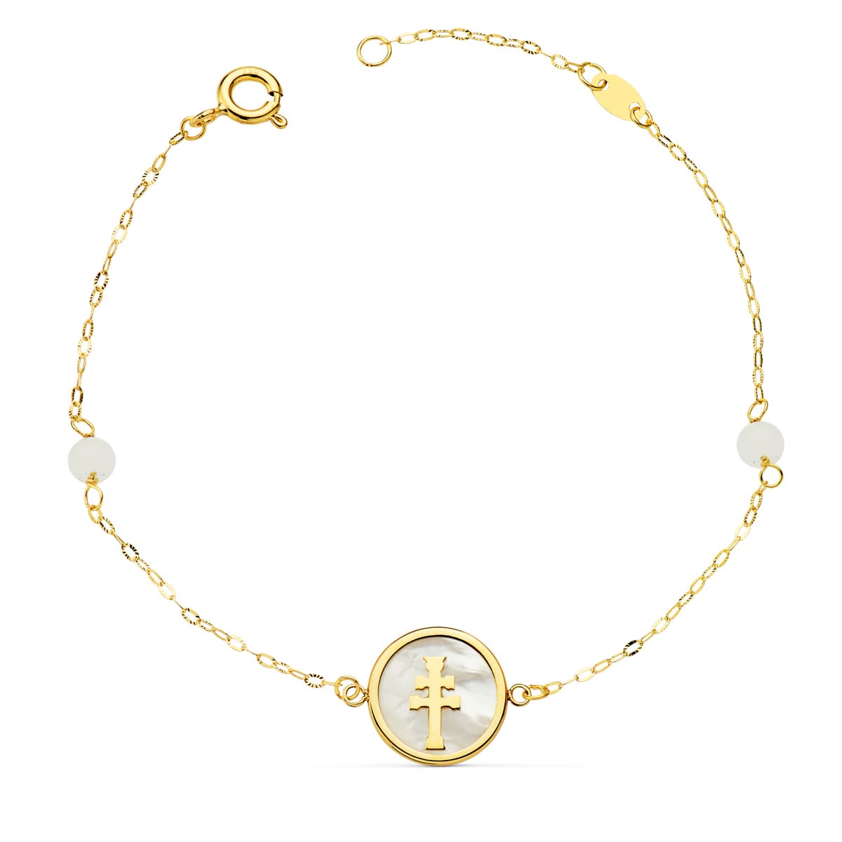 18K PULSERA ORO AMARILLO NACAR CON CRUZ CARAVACA 12 MM Y BOLAS JADE 4 MM CADENA 18 2.5 CM