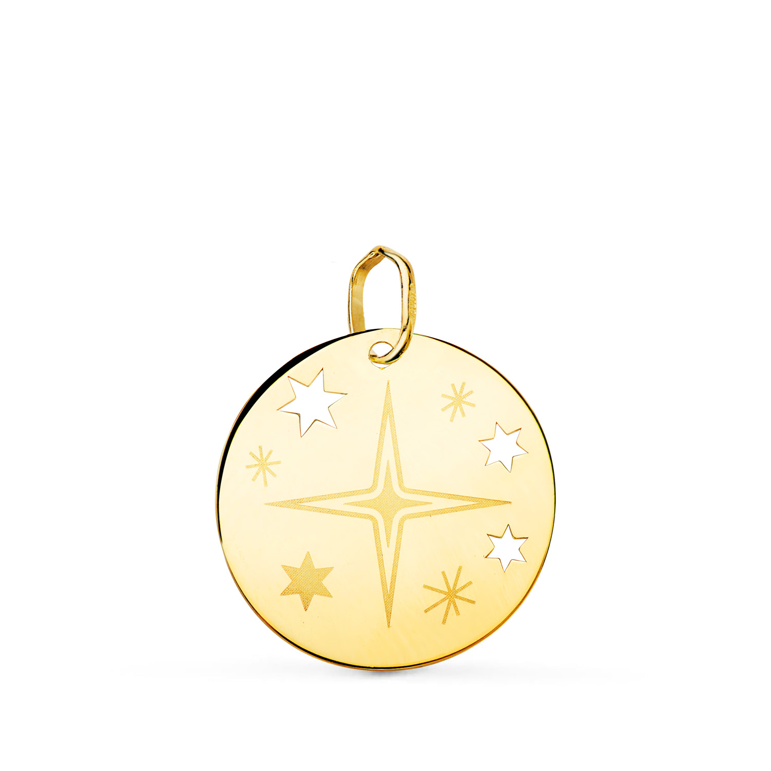 18K COLGANTE ORO AMARILLO REDONDO ROSA DE LOS VIENTOS GRABADA EN BRILLO 18 MM