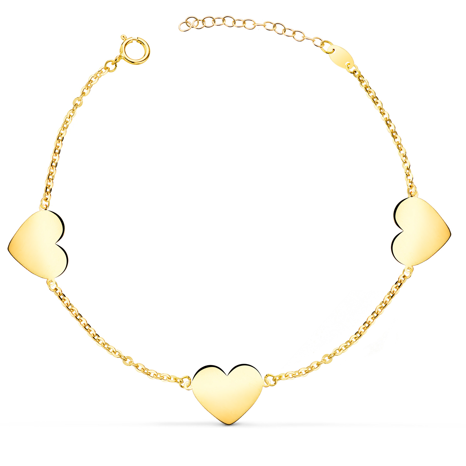 18K PULSERA ORO AMARILLO TRES CORAZONES EN BRILLO 11X10 MM. LARGO: 18 2 CM