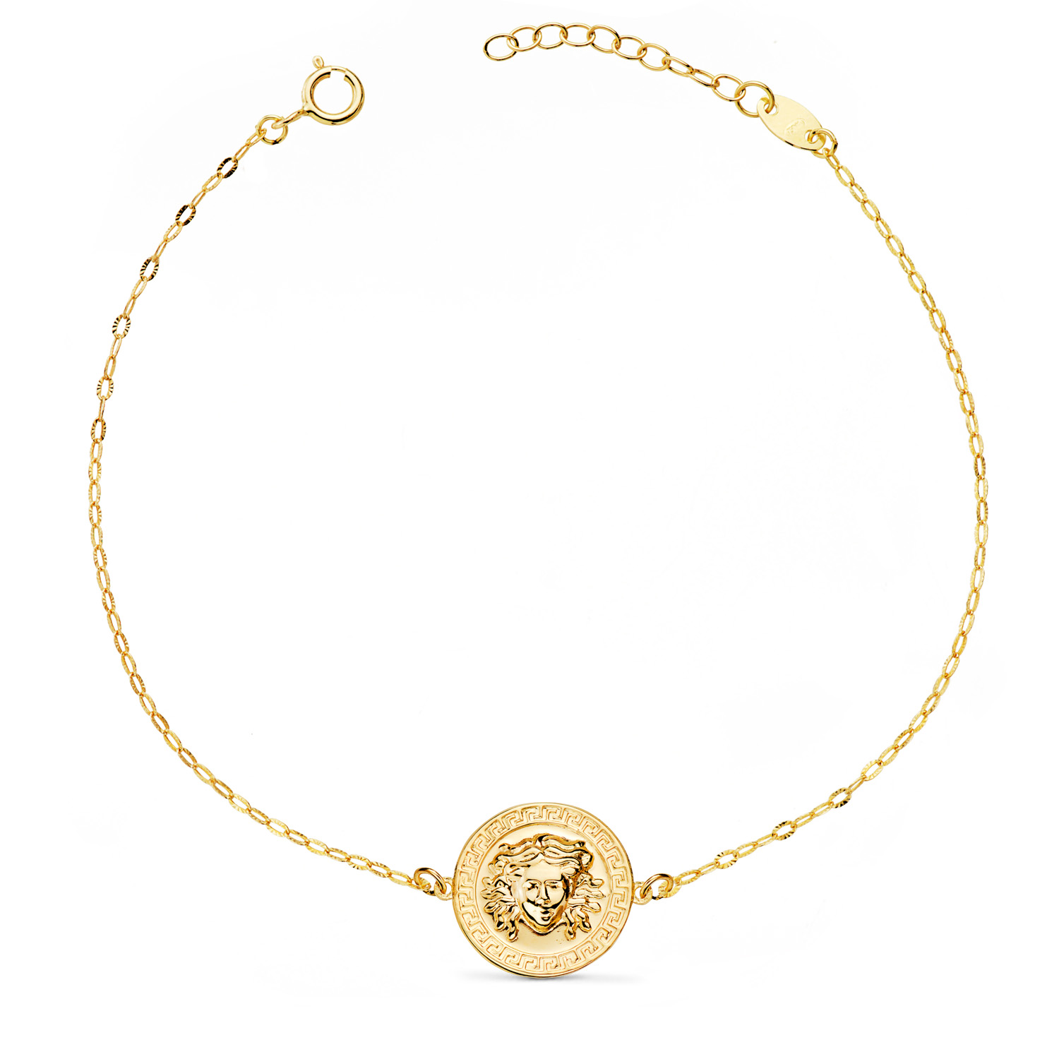 18K PULSERA ORO AMARILLO MEDUSA BRILLO 12MM CADENA TALLADA. LARGO: 18-3 CM