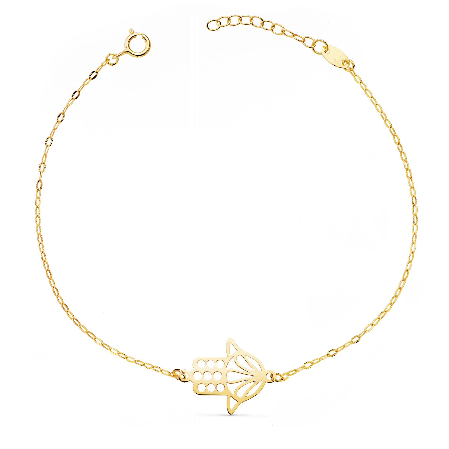 18K PULSERA ORO AMARILLO MANO FATIMA 17X14MM CADENA TALLADA. LARGO: 18 3 CM