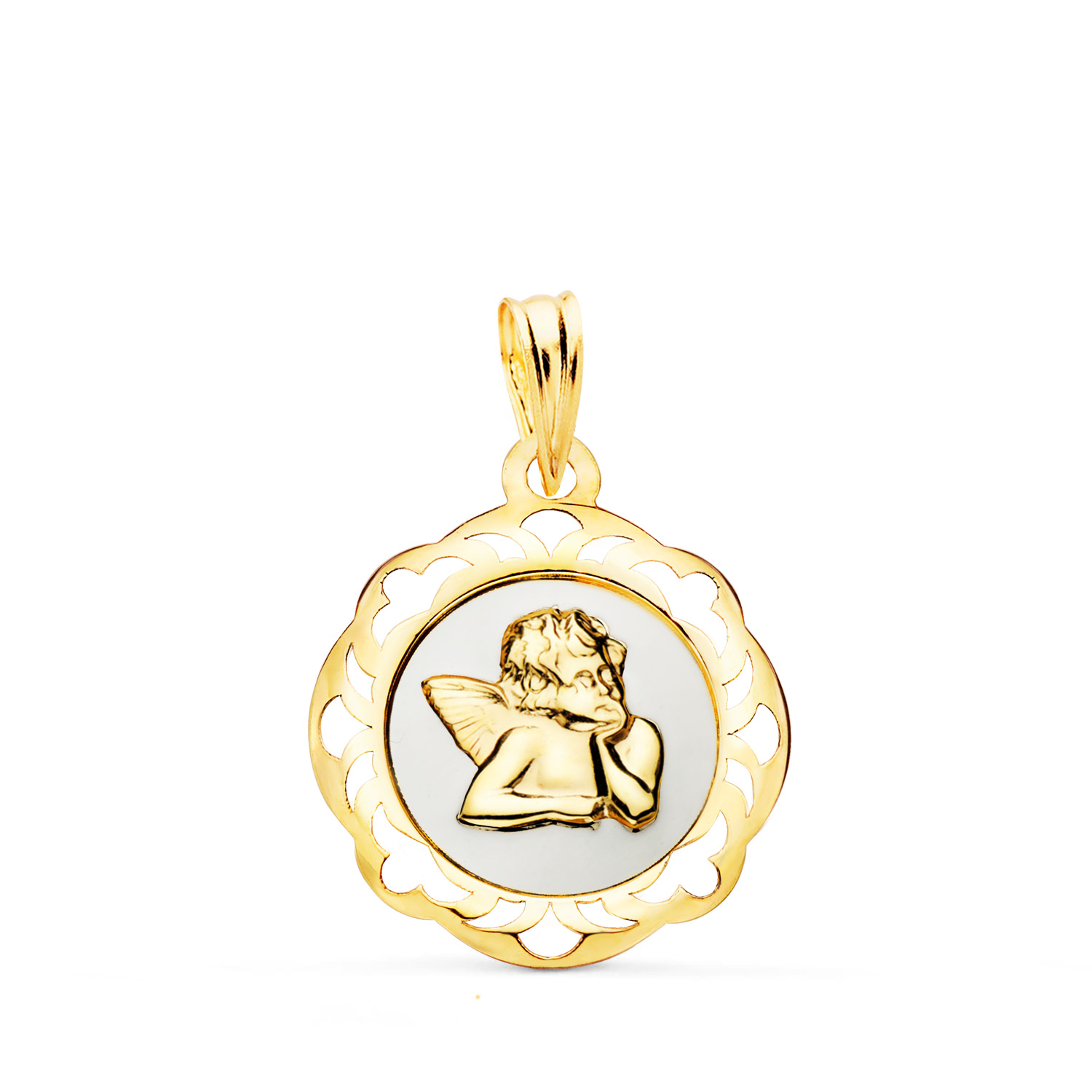 18K MEDALLA ORO AMARILLO ANGELITO BURLON ESMALTE BLANCO Y CERCO CALADO EN BRILLO 20X18 MM