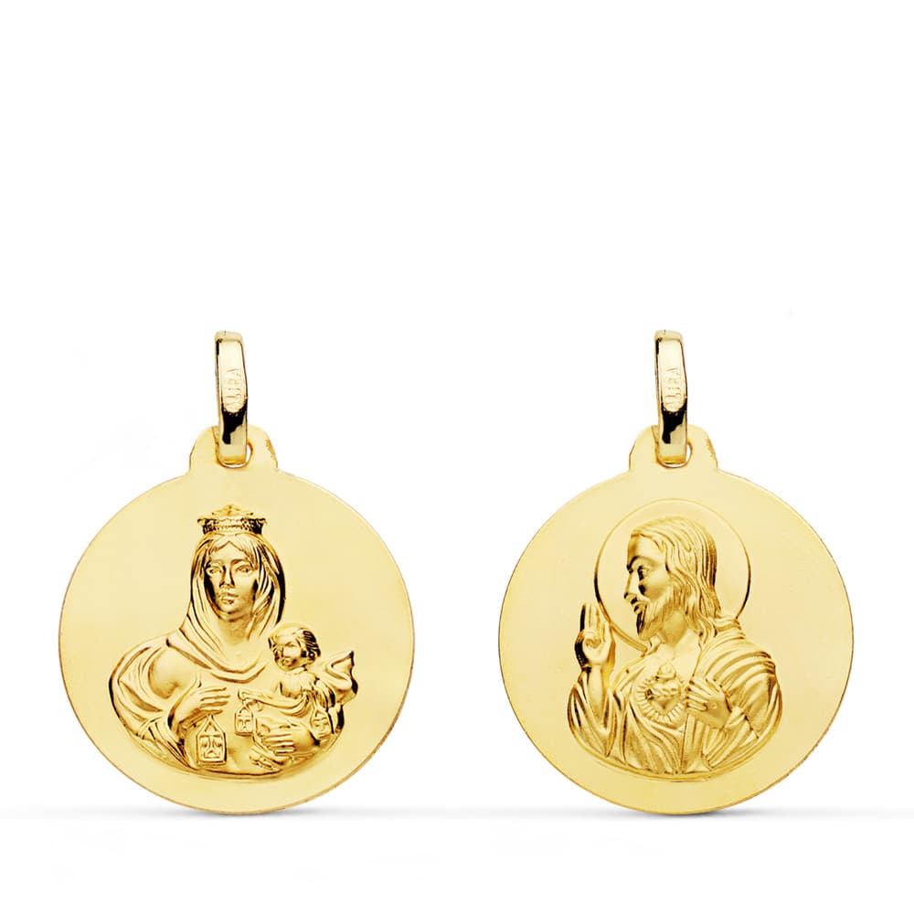 18K ESCAPULARIO ORO AMARILLO LISO VIRGEN DEL CARMEN CORAZON DE JESUS 18 MM