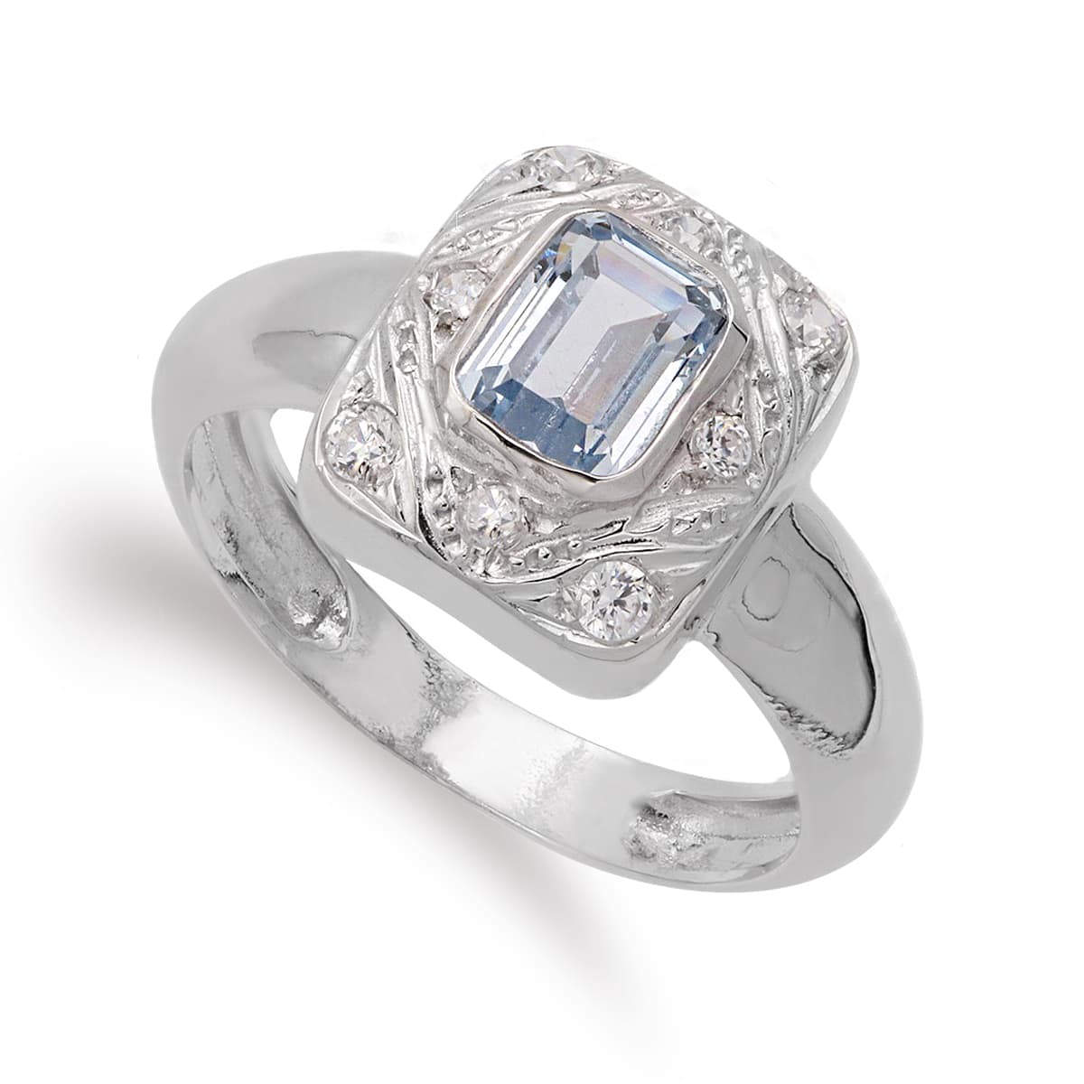 18K SORTIJA ORO BLANCO MOTIVO RECTANGULAR CON AGUAMARINA Y CIRCONITAS. ANCHO: 12 MM