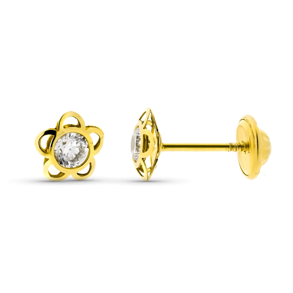 9K PENDIENTES ORO AMARILLO FLOR CALADA CON CIRCONITA. MEDIDA: 6 MM CIERRE TUERCA