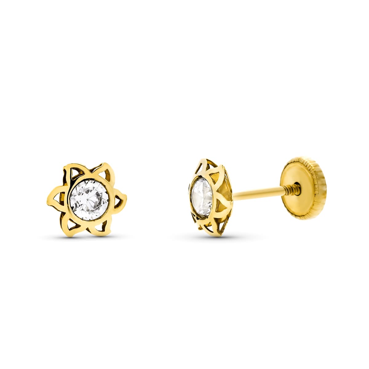 9K PENDIENTES ORO AMARILLO FLOR 6 PUNTAS CON CIRCONITA 6X6 MM. CIERRE TUERCA