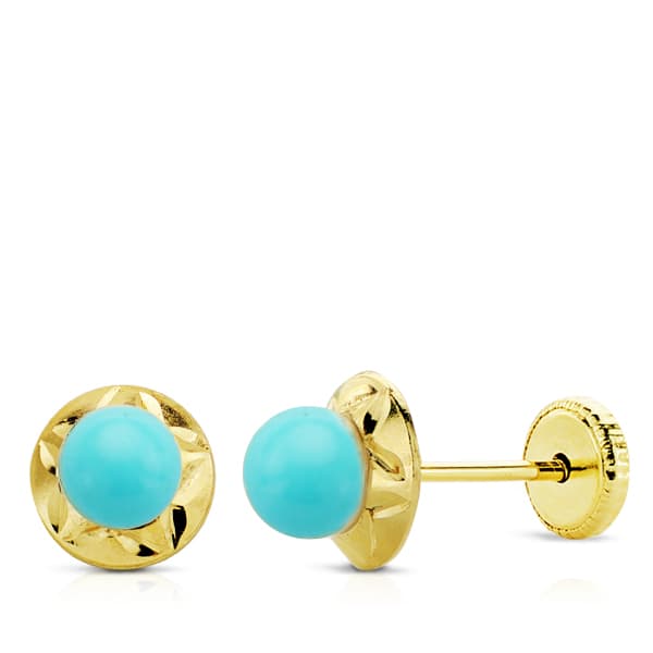 9K PENDIENTES ORO AMARILLO ORLA TALLADA Y TURQUESAS DE 5 MM 7 MM CIERRE TUERCA