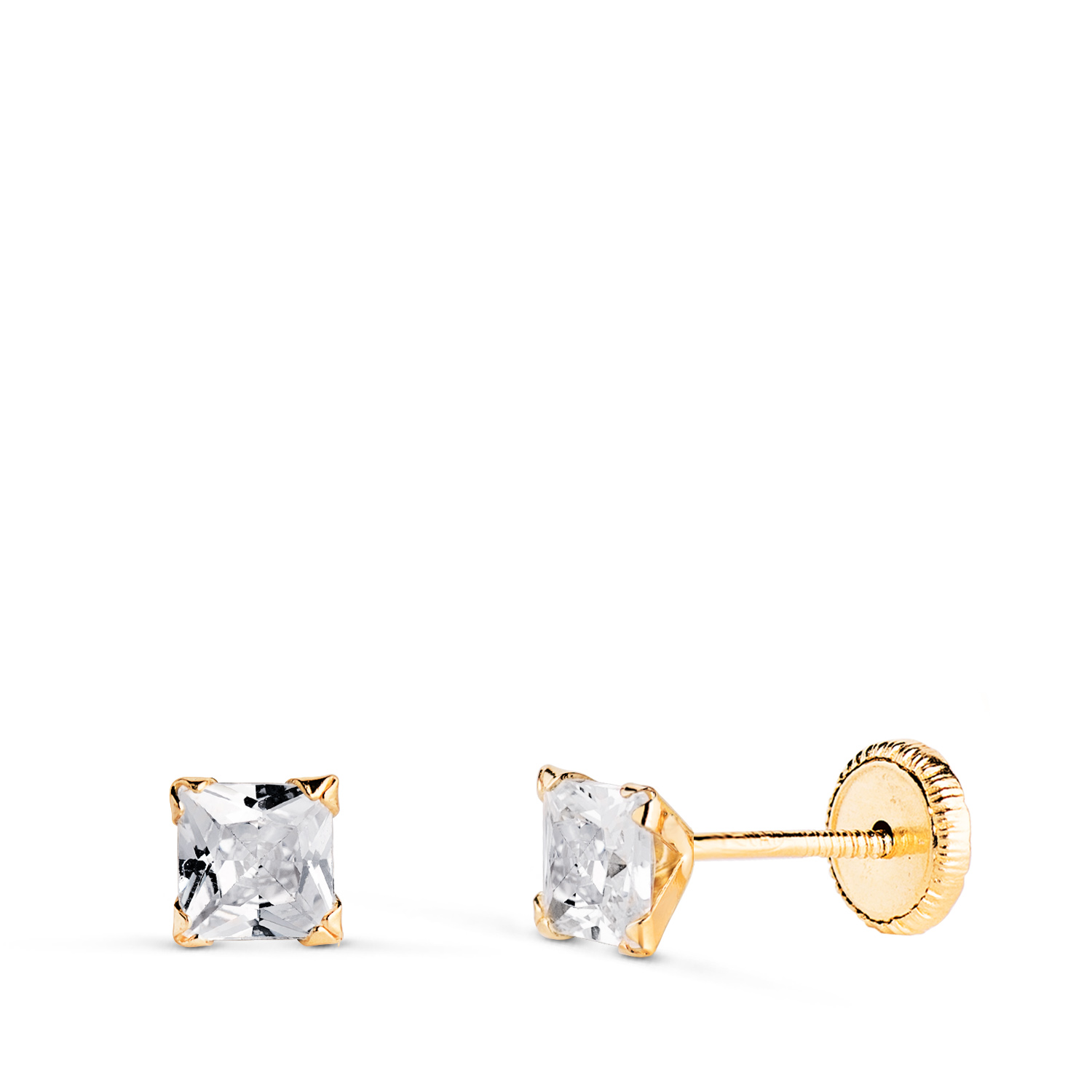 18K PENDIENTES ORO AMARILLO CIRCONITA CUADRADA CON 4 GARRAS. ANCHO: 3,5MM. CIERRE TUERCA