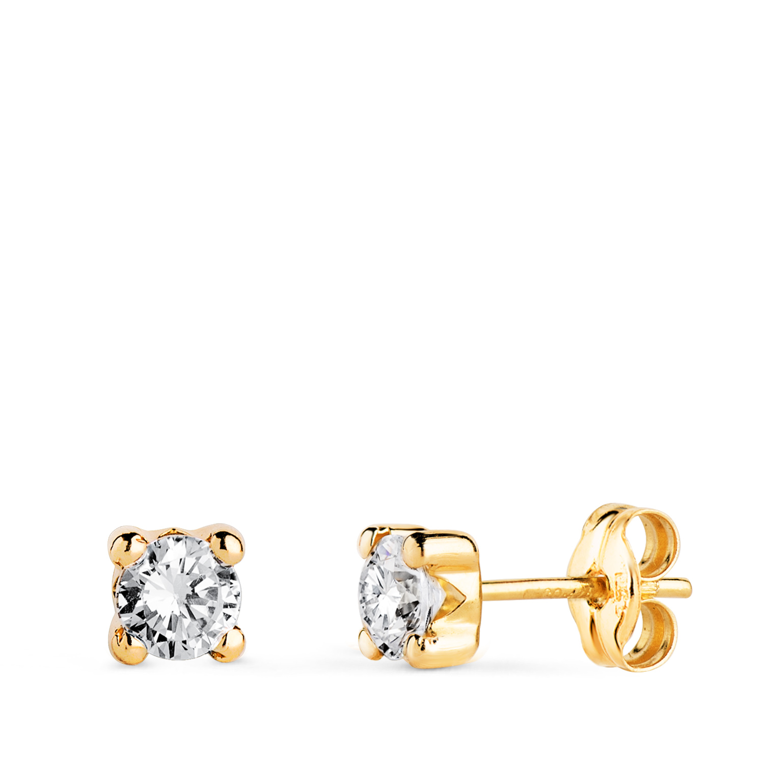 9K PENDIENTES ORO AMARILLO CIRCONITA 4MM CON 4 GARRAS. ANCHO: 4,5 MM. CIERRE PRESION