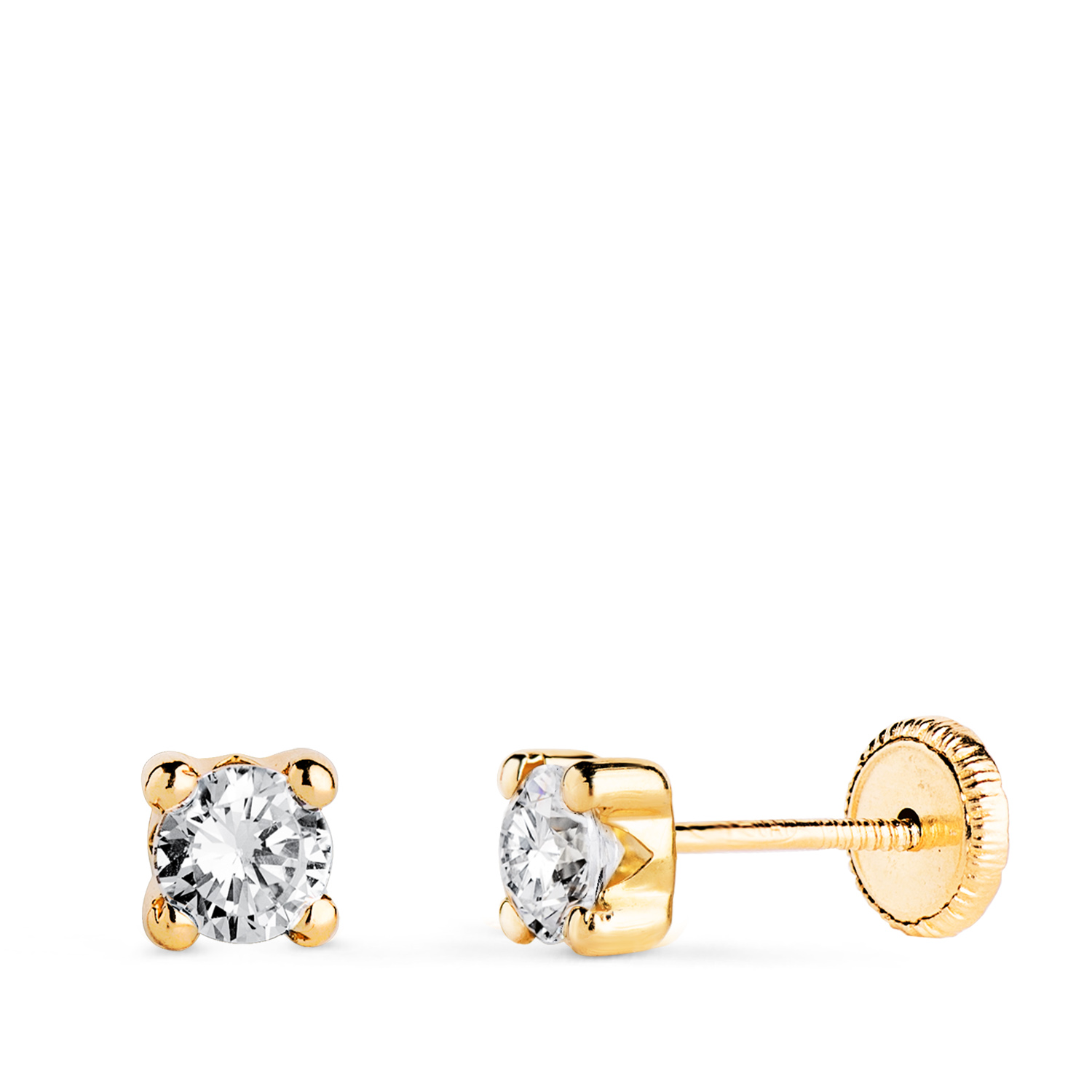 18K PENDIENTES ORO AMARILLO CIRCONITA 4MM CON 4 GARRAS. ANCHO: 4,5 MM. CIERRE TUERCA