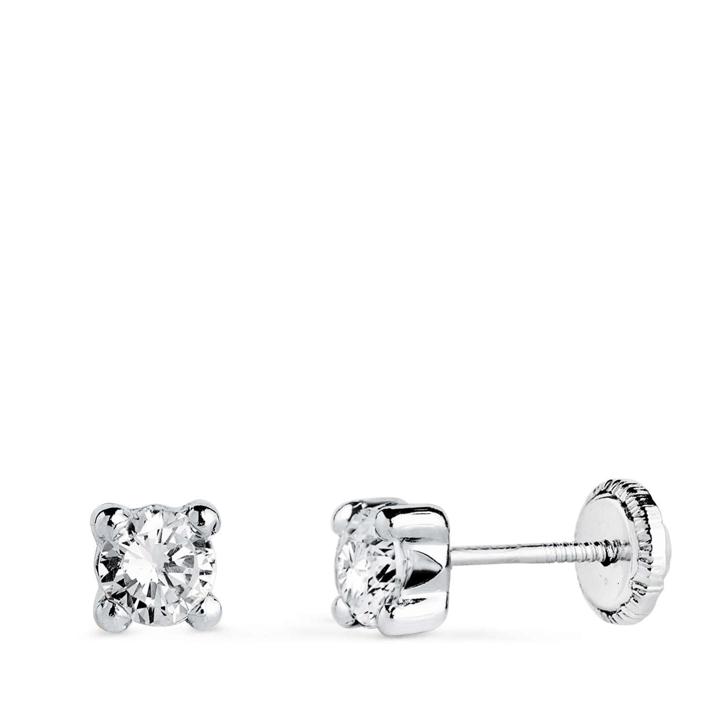 18K PENDIENTES ORO BLANCO CIRCONITA 4MM CON 4 GARRAS. ANCHO: 4,5 MM. CIERRE TUERCA