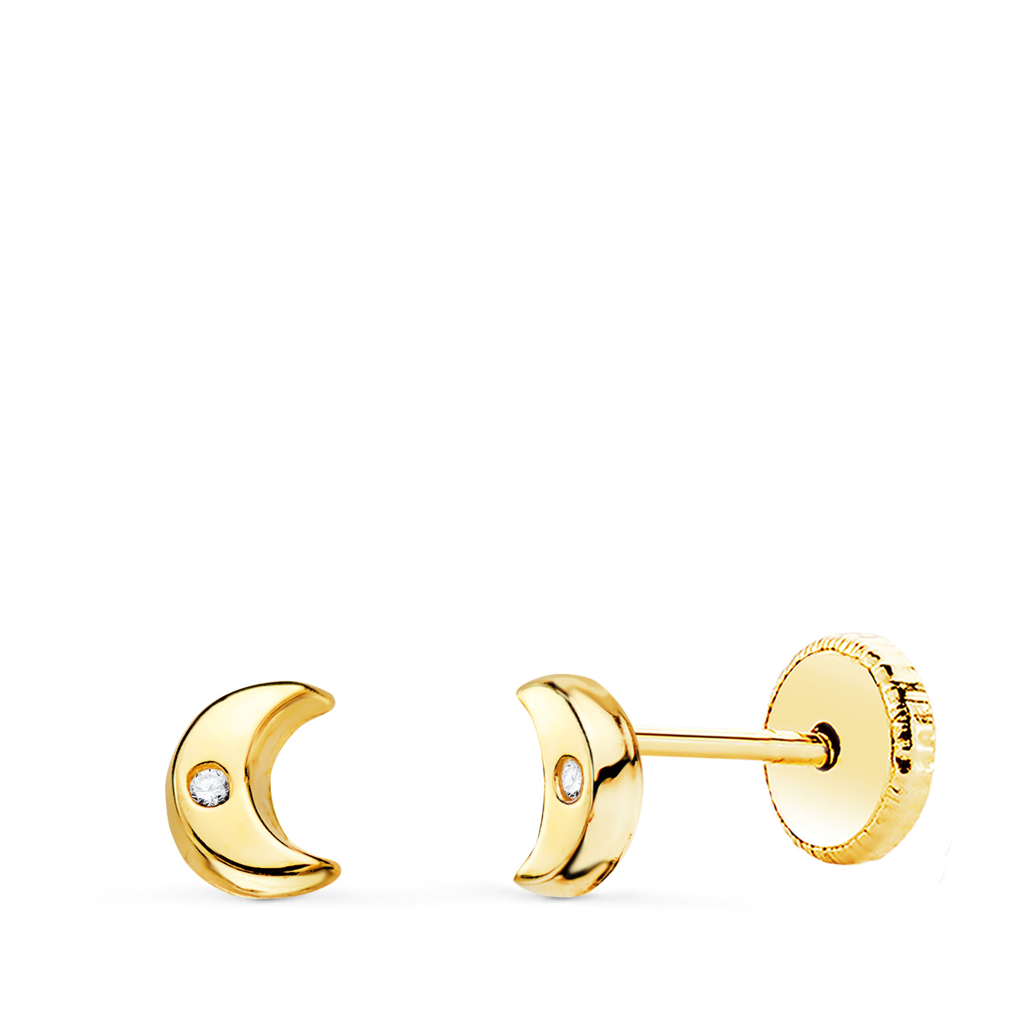 18K PENDIENTES ORO AMARILLO MEDIA LUNA CON CIRCONITA BRILLO 5X4 MM. CIERRE TUERCA