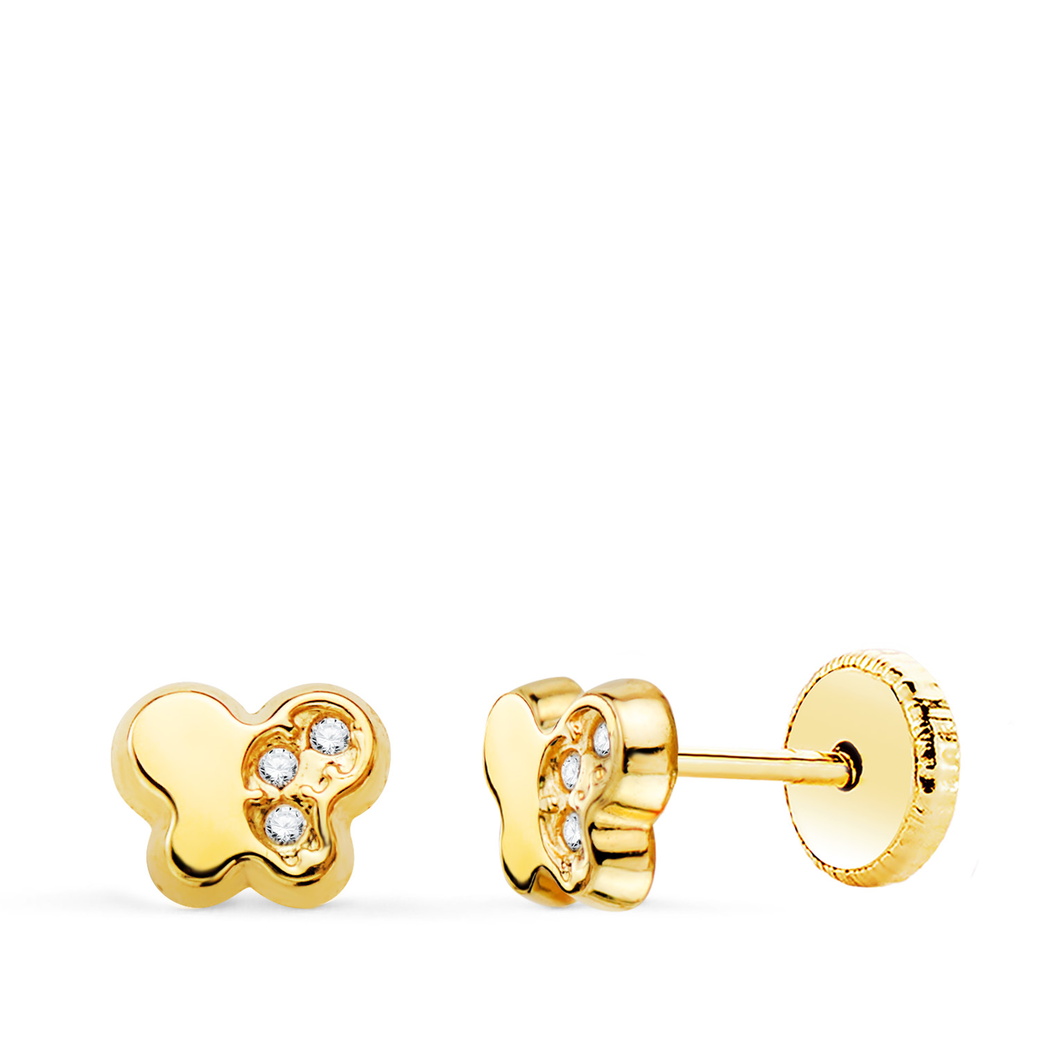 18K PENDIENTES ORO AMARILLO MARIPOSA CON CIRCONITA 5,5 X 4,5 MM. CIERRE TUERCA