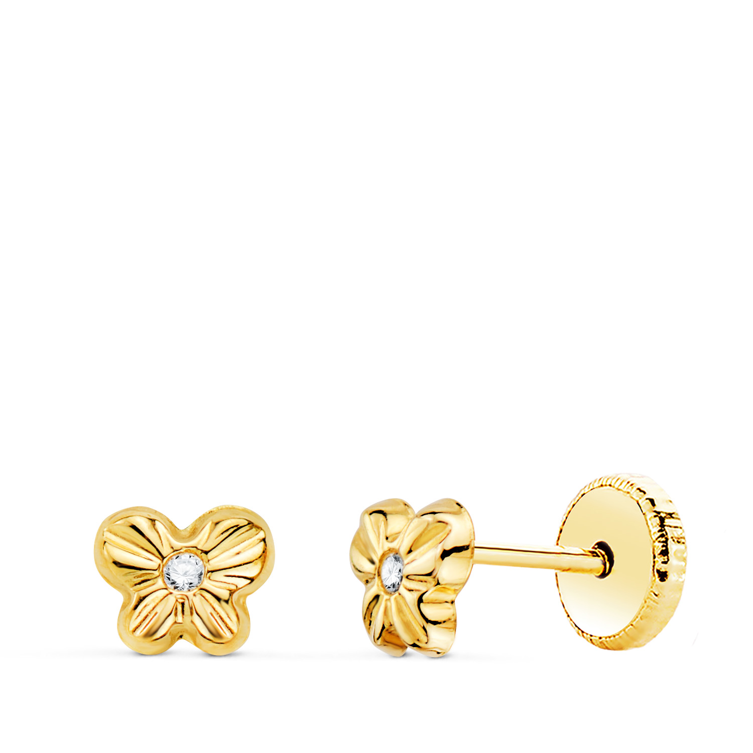 18K PENDIENTES ORO AMARILLO MARIPOSA CON CIRCONITA 5,5 X 4 MM. CIERRE TUERCA