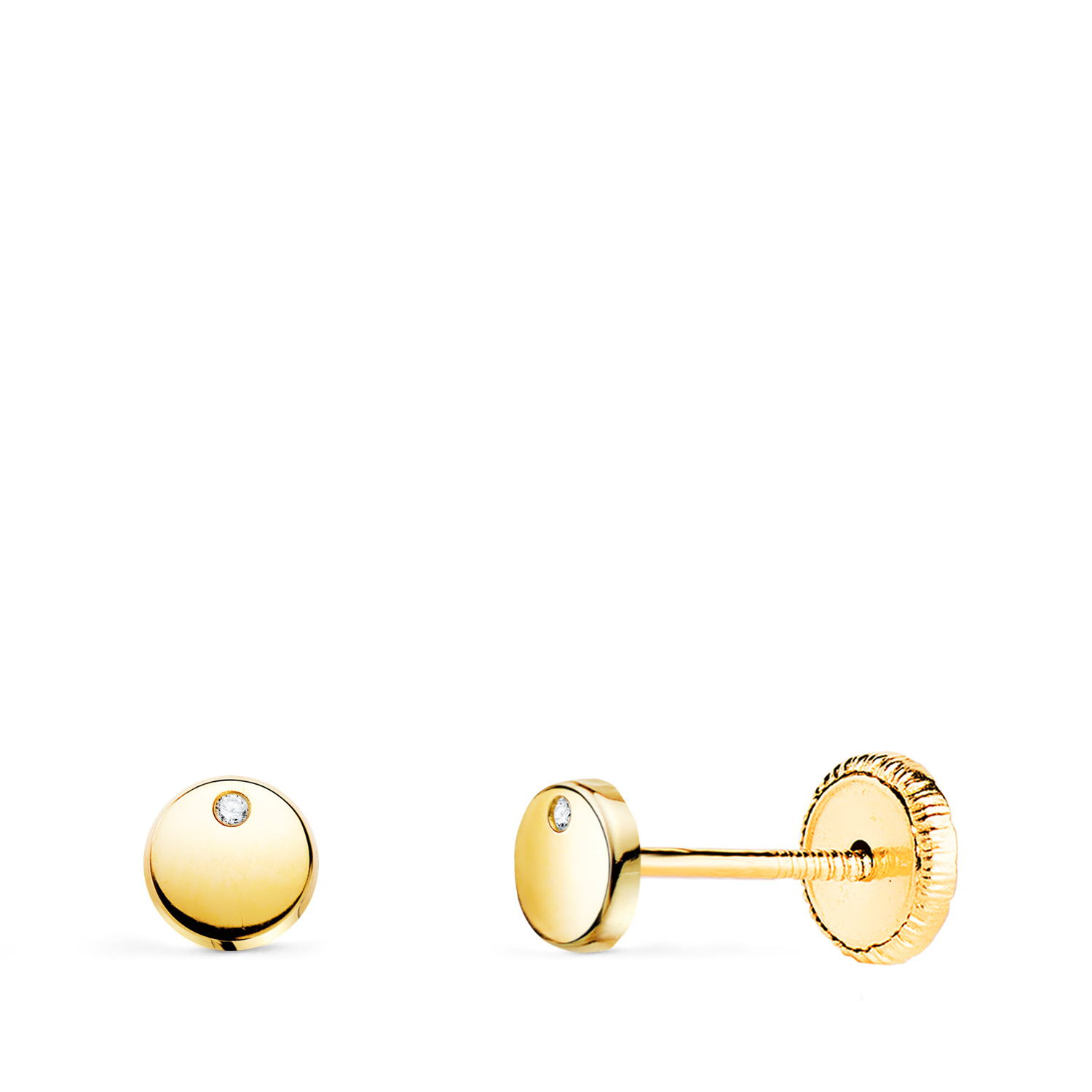 18K PENDIENTES ORO AMARILLO REDONDOS BRILLO CON CIRCONITA 4,5 MM. CIERRE TUERCA