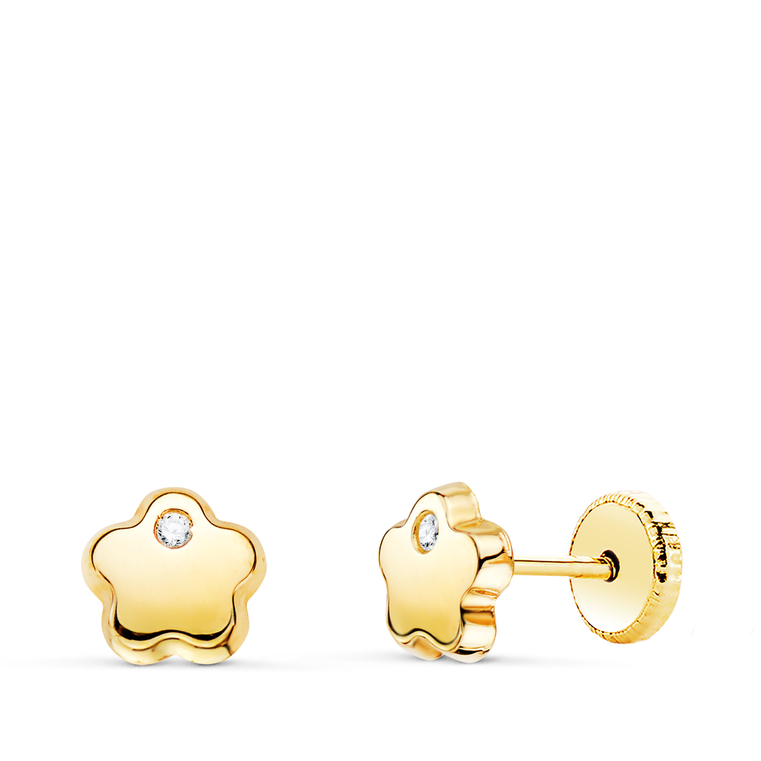 18K PENDIENTES ORO AMARILLO FLOR CON CIRCONITA BRILLO 6X6 MM. CIERRE TUERCA