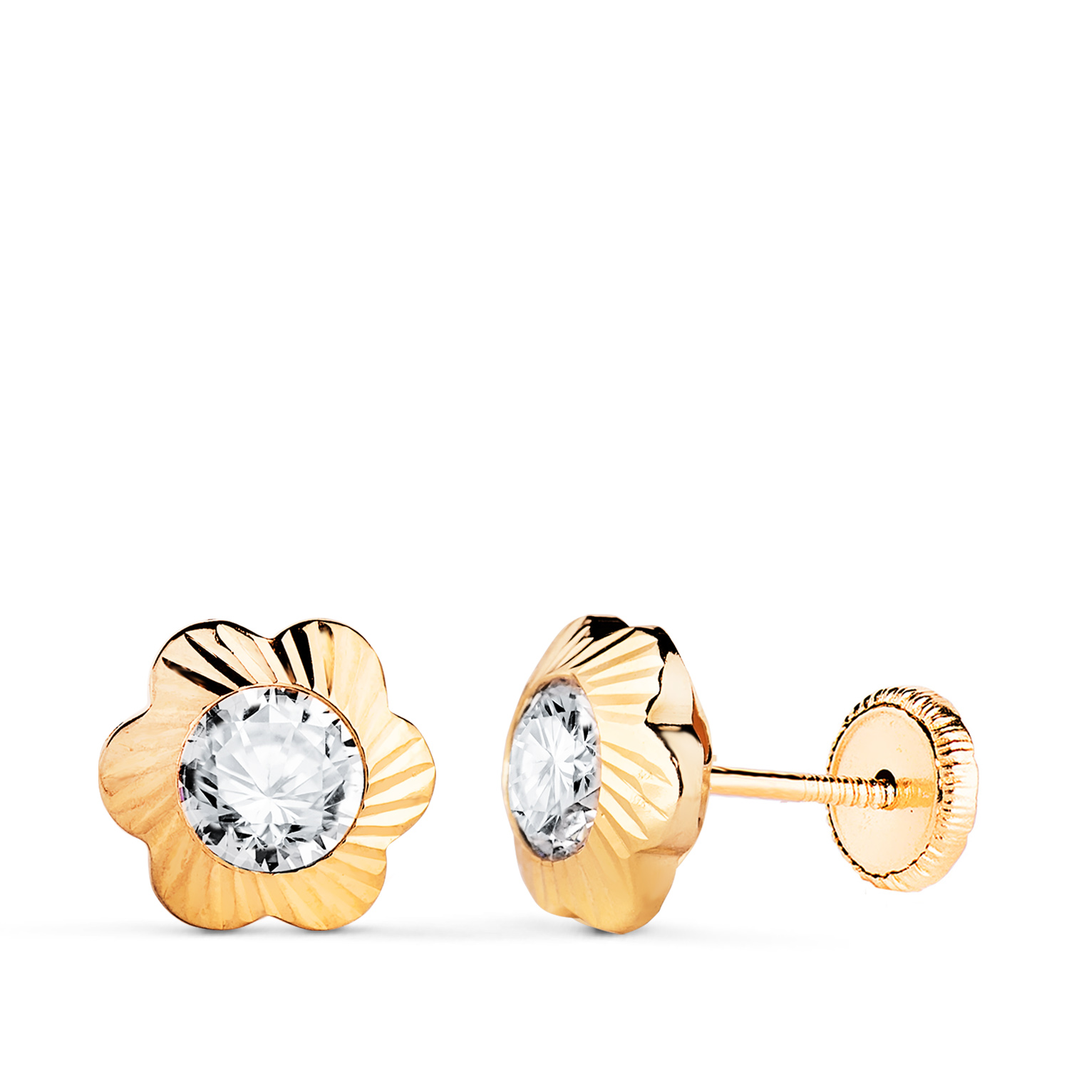 18K PENDIENTES ORO AMARILLO FLOR ORLA TALLADA CIRCONITA. MEDIDA: 9MM CIERRE TUERCA