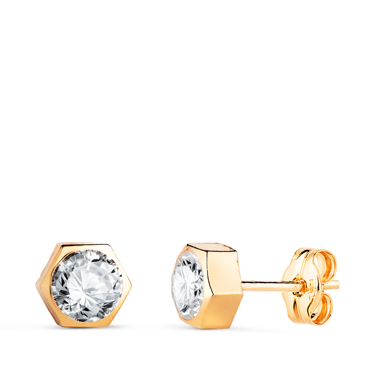 18K PENDIENTES ORO AMARILLO HEXAGONO CON CIRCONITA. MEDIDA: 6 X 5,5 MM. CIERRE PRESION