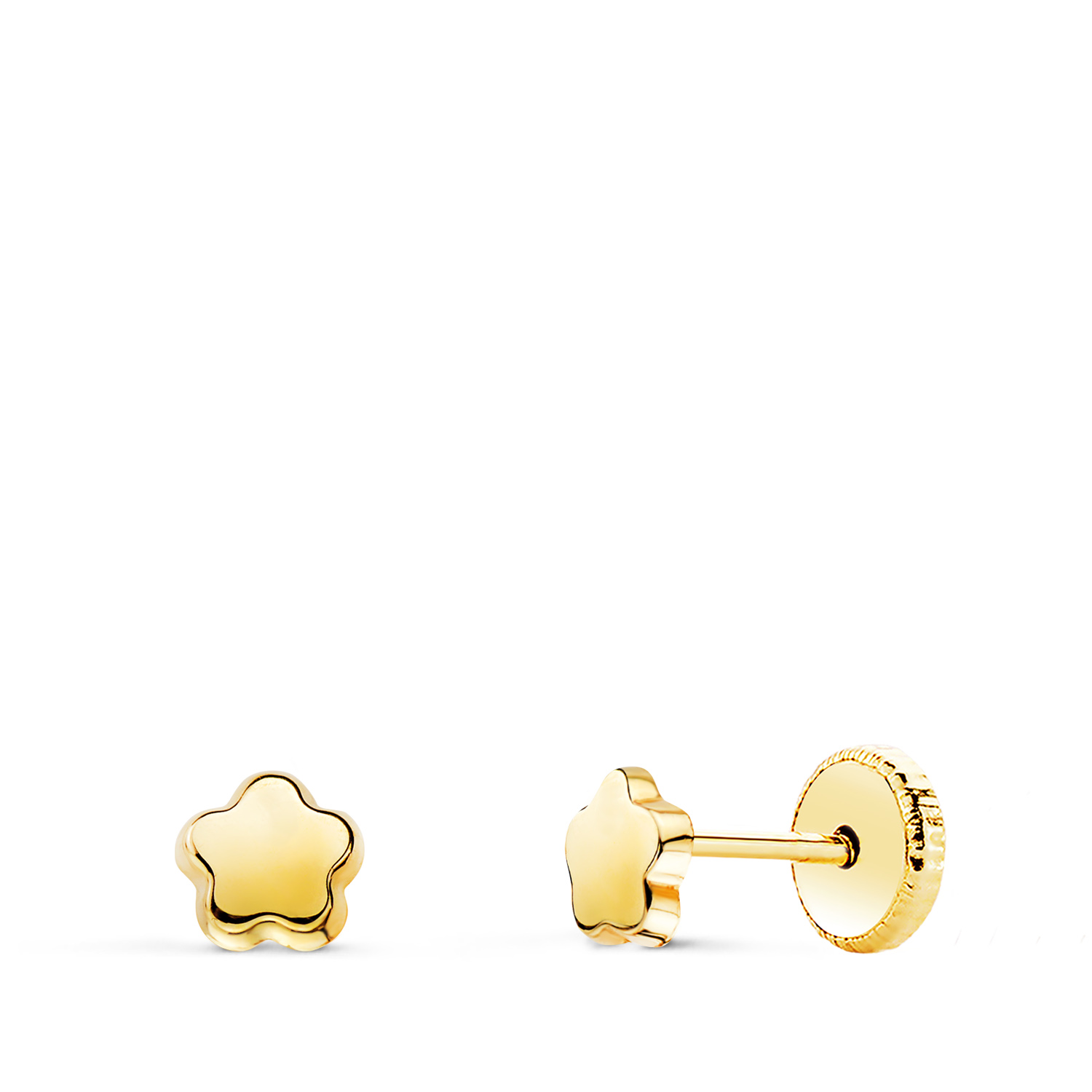 18K PENDIENTES ORO AMARILLO FLOR LISA BRILLO. 4,5 X 4,5 MM. CIERRE TUERCA
