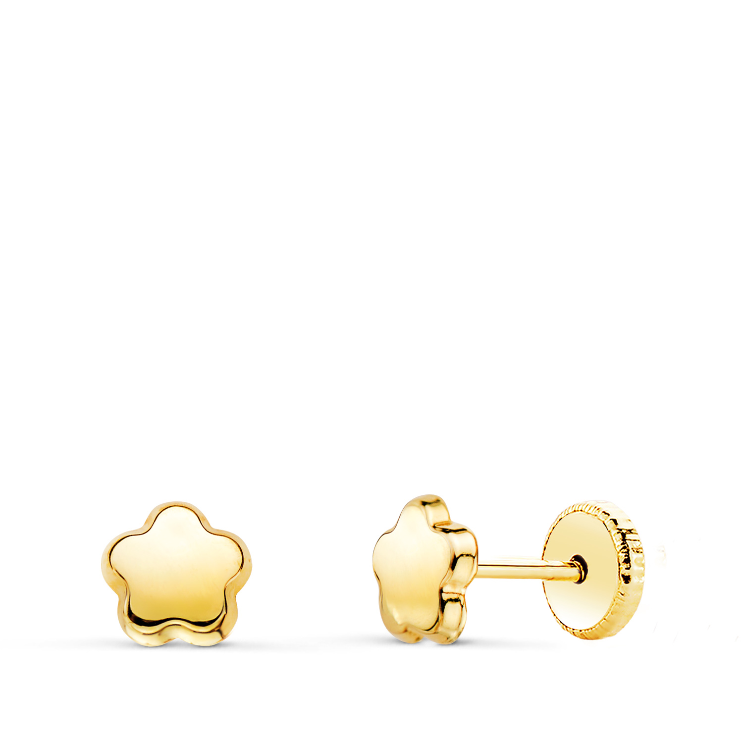 18K PENDIENTES ORO AMARILLO FLOR LISA BRILLO. 5,5 X 5,5 MM. CIERRE TUERCA