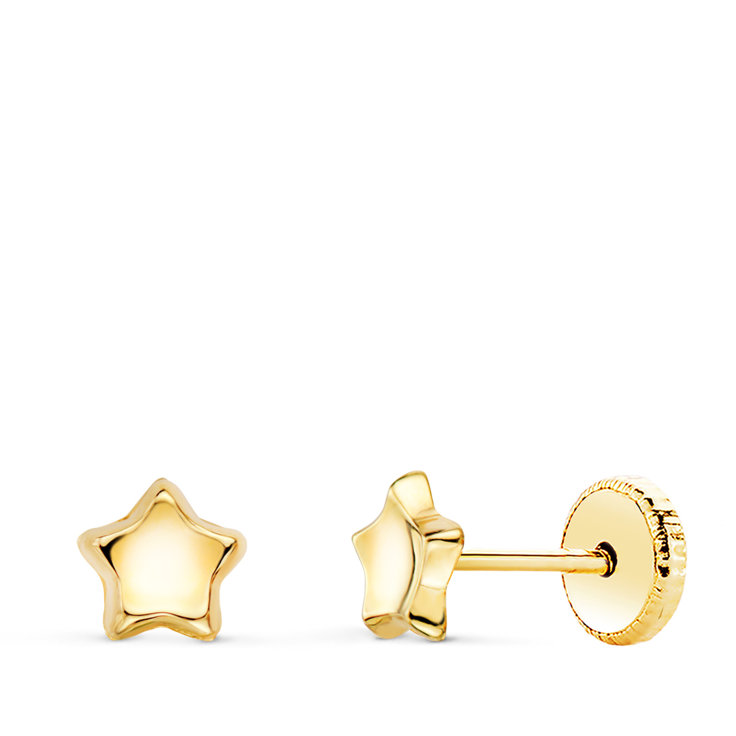 18K PENDIENTES ORO AMARILLO ESTRELLA CONCAVO EN BRILLO 5X5 MM. CIERRE TUERCA