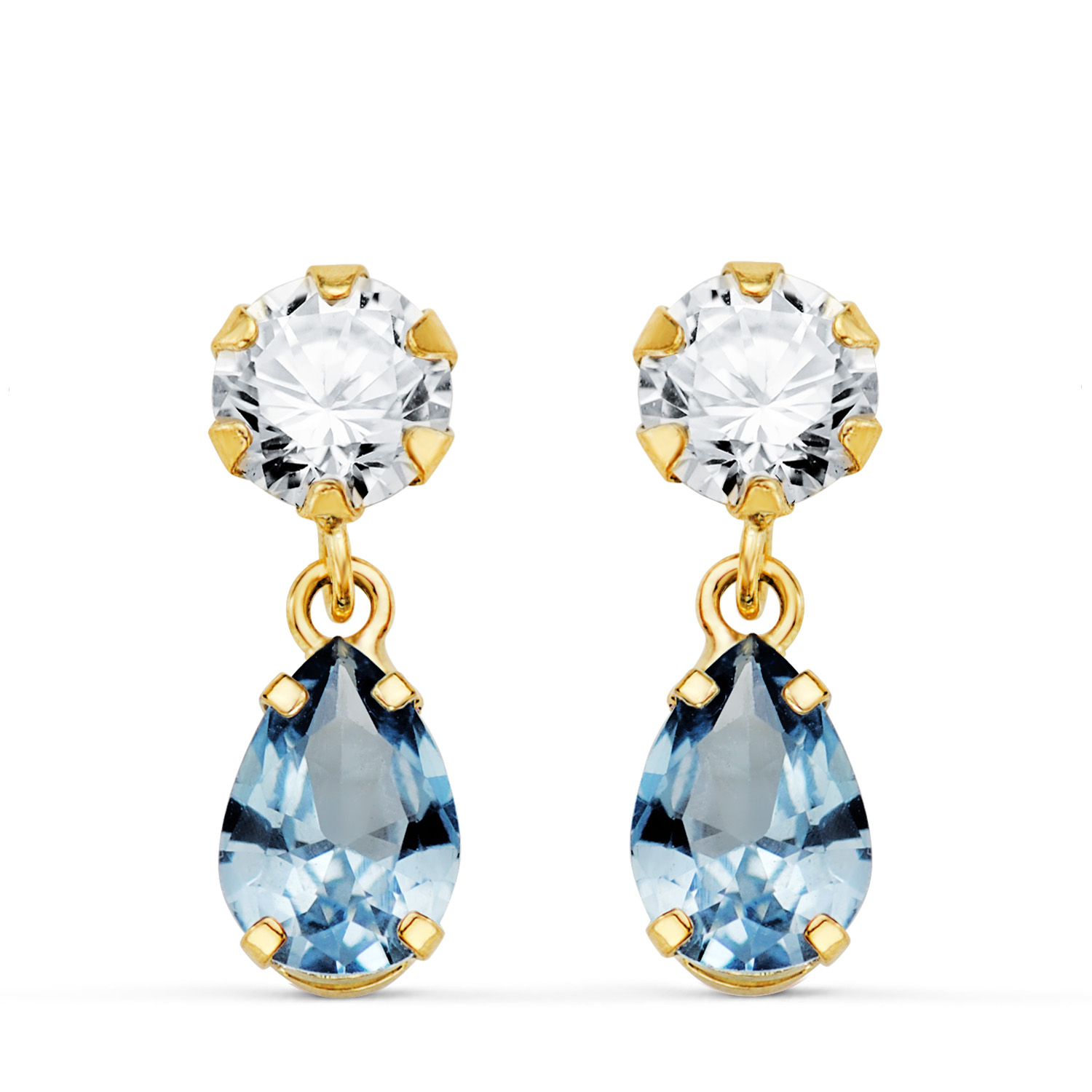 18K PENDIENTES ORO AMARILLO DOS CUERPOS CON CIRCONITA Y AGUAMARINA LAGRIMA 16 X 5MM. CIERRE PRESION