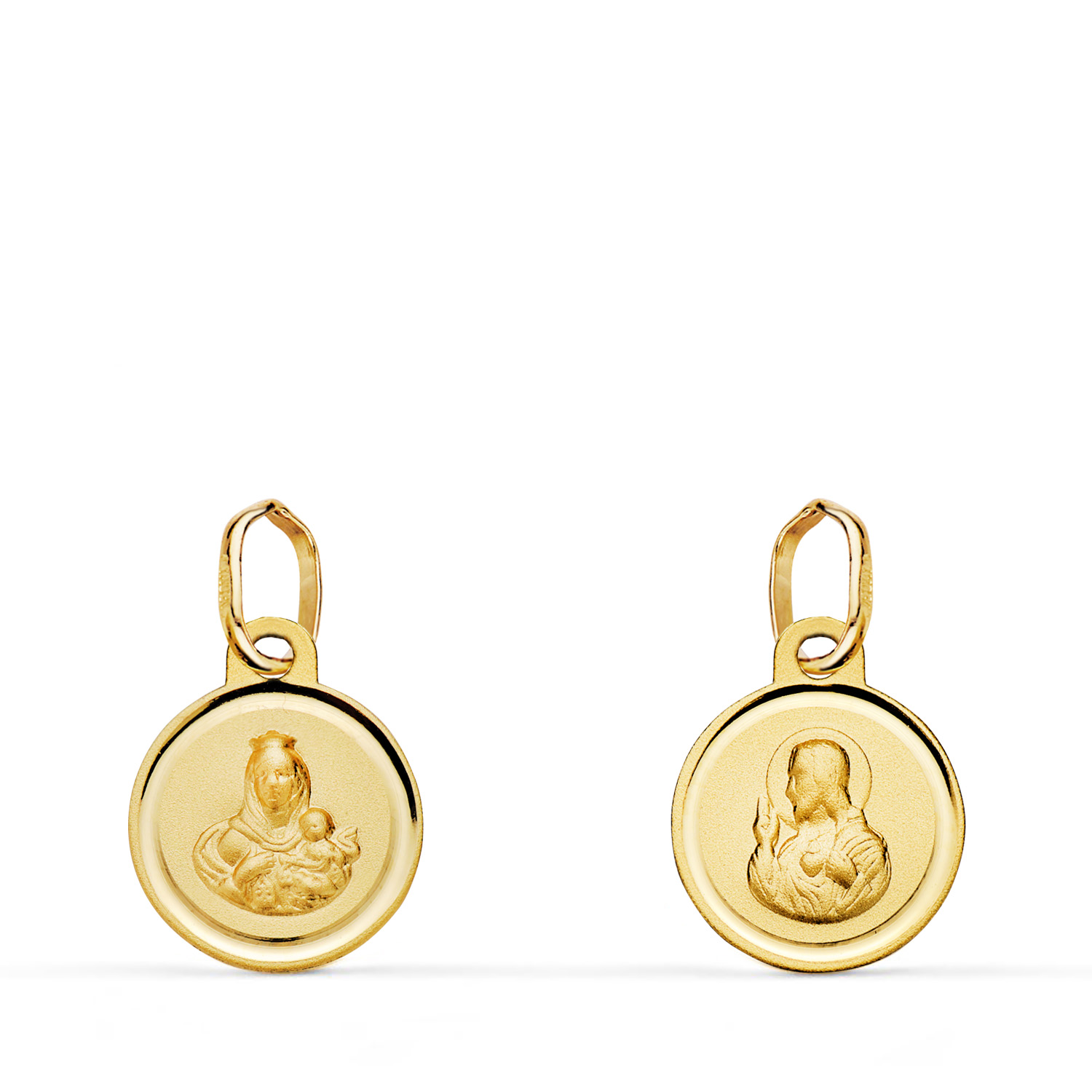 18K MEDALLA ESCAPULARIO ORO AMARILLO BISEL VIRGEN DEL CARMEN Y CORAZON DE JESUS 10 MM