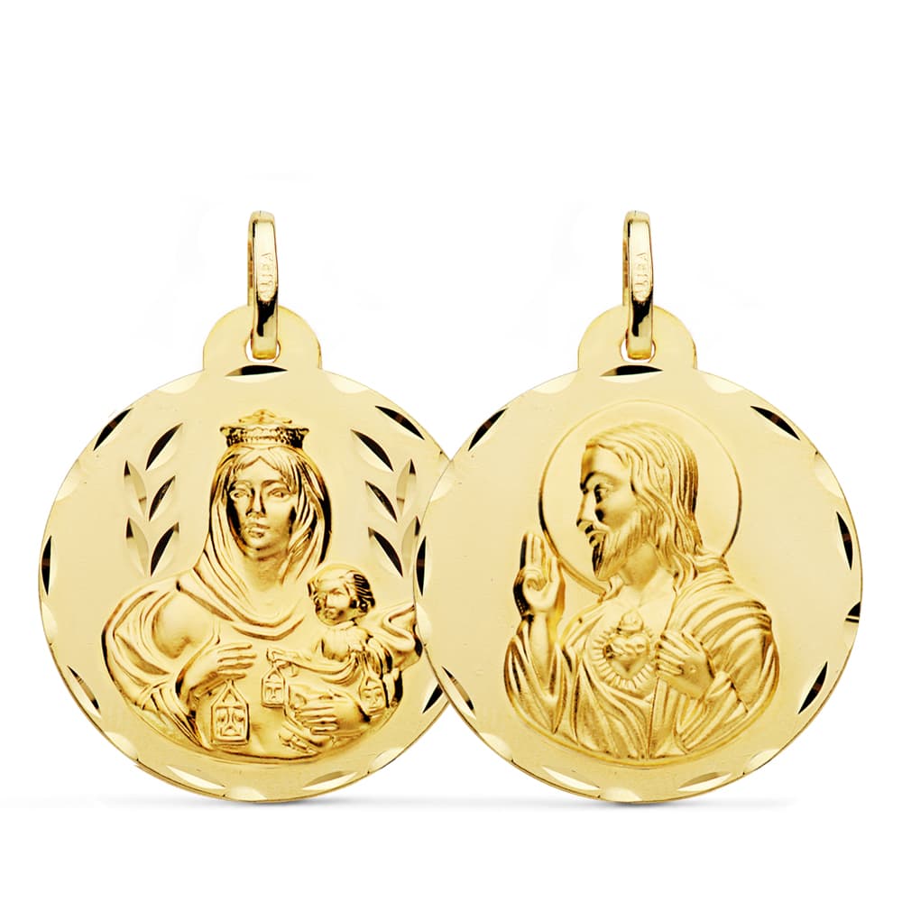 18K ESCAPULARIO ORO AMARILLO TALLADO VIRGEN DEL CARMEN Y CORAZON DE JESUS 26 MM