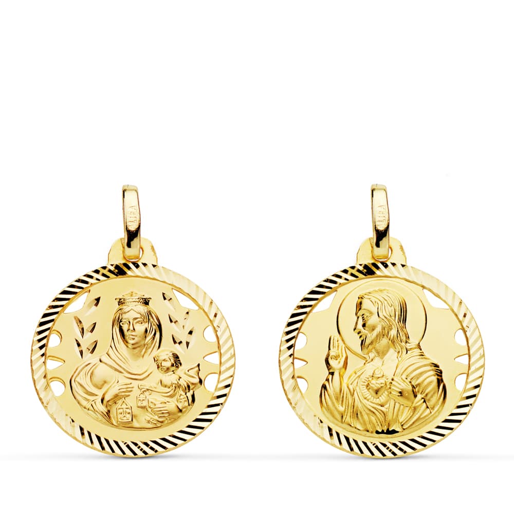 18K ESCAPULARIO ORO AMARILLO HELICE CALADO VIRGEN CARMEN Y CORAZON DE JESUS 18 MM