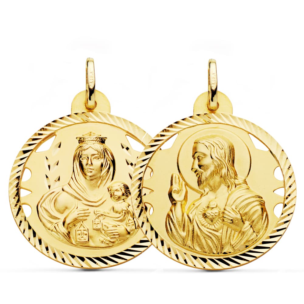 18K ESCAPULARIO ORO AMARILLO HELICE CALADO VIRGEN CARMEN Y CORAZON DE JESUS 28 MM