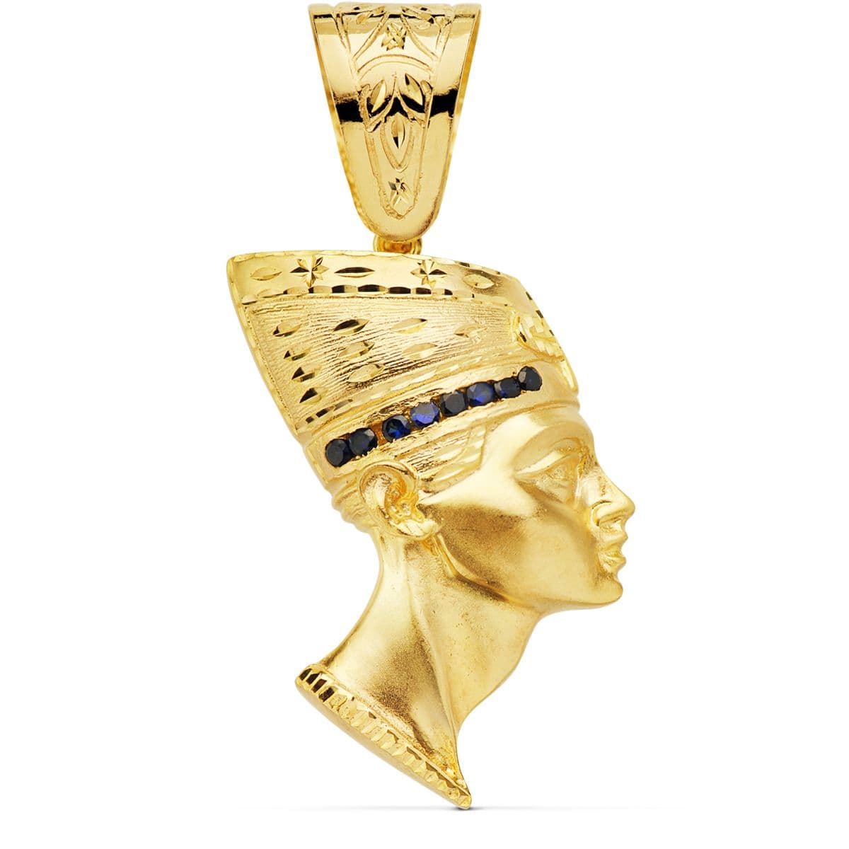 18K COLGANTE ESFINGE NEFERTITI GIGANTE CON CIRCONITA AZULES ORO AMARILLO. 50 X 35 MM